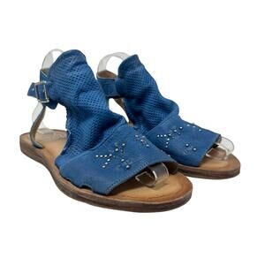 Miz Mooz‎ Fifi Sandals Flat Leather Perforated Ankle Strap Blue Size 39 US 8.5 9